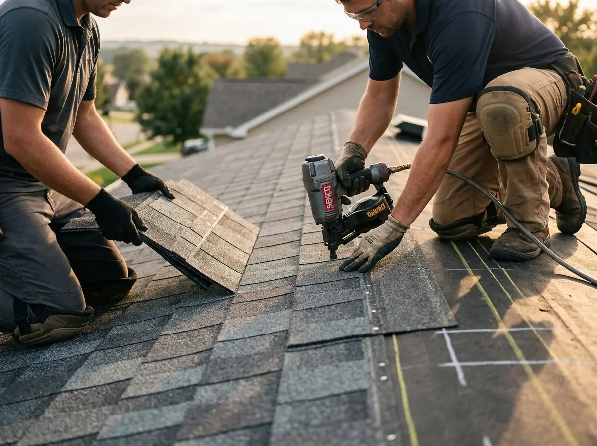 Professional roofer working on a residential roof in Braddock